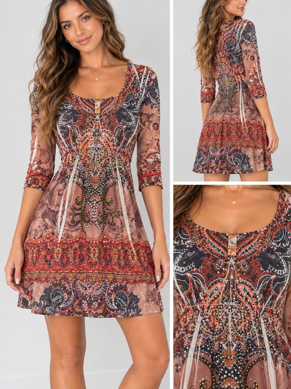 Paisley Rhinestone Embellished Boho Mini Dress Long Sleeve S